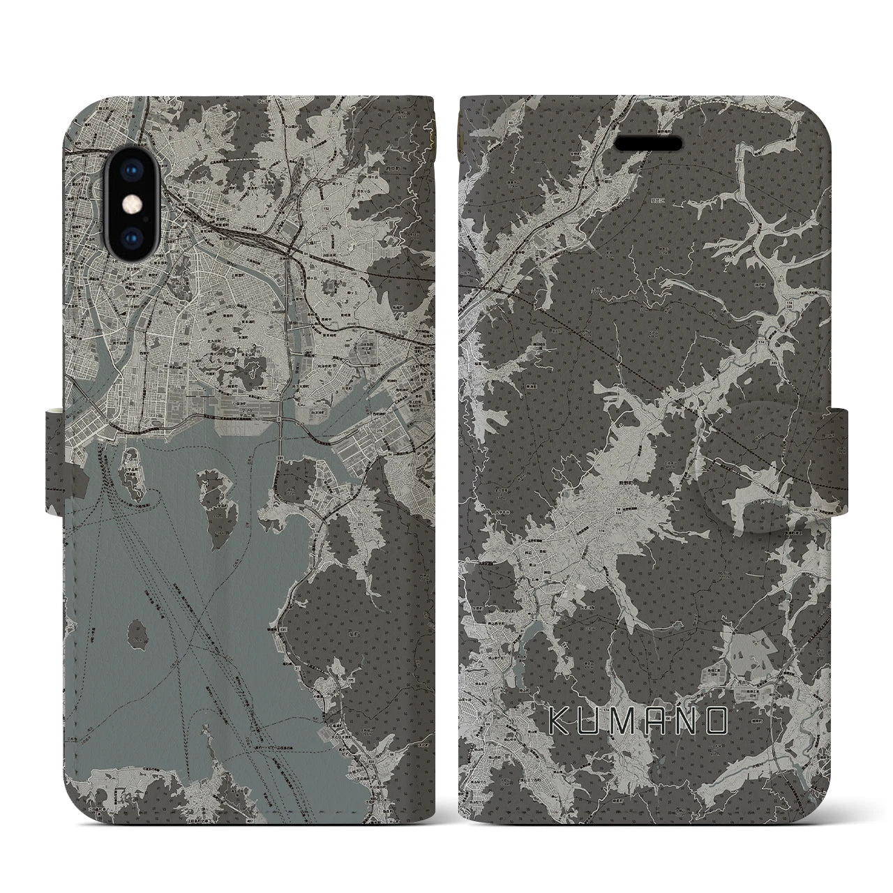 【熊野(広島県)】地図柄iPhoneケース(手帳タイプ)モノトーン・iPhone XS / X 用