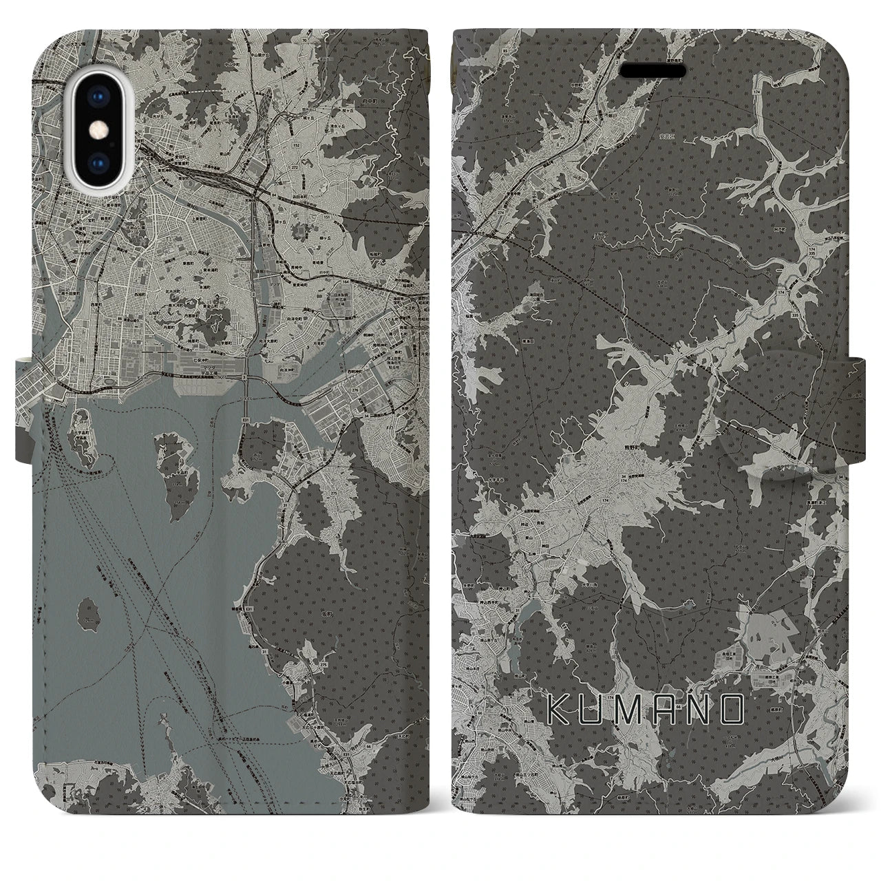 【熊野(広島県)】地図柄iPhoneケース(手帳タイプ)モノトーン・iPhone XS Max 用