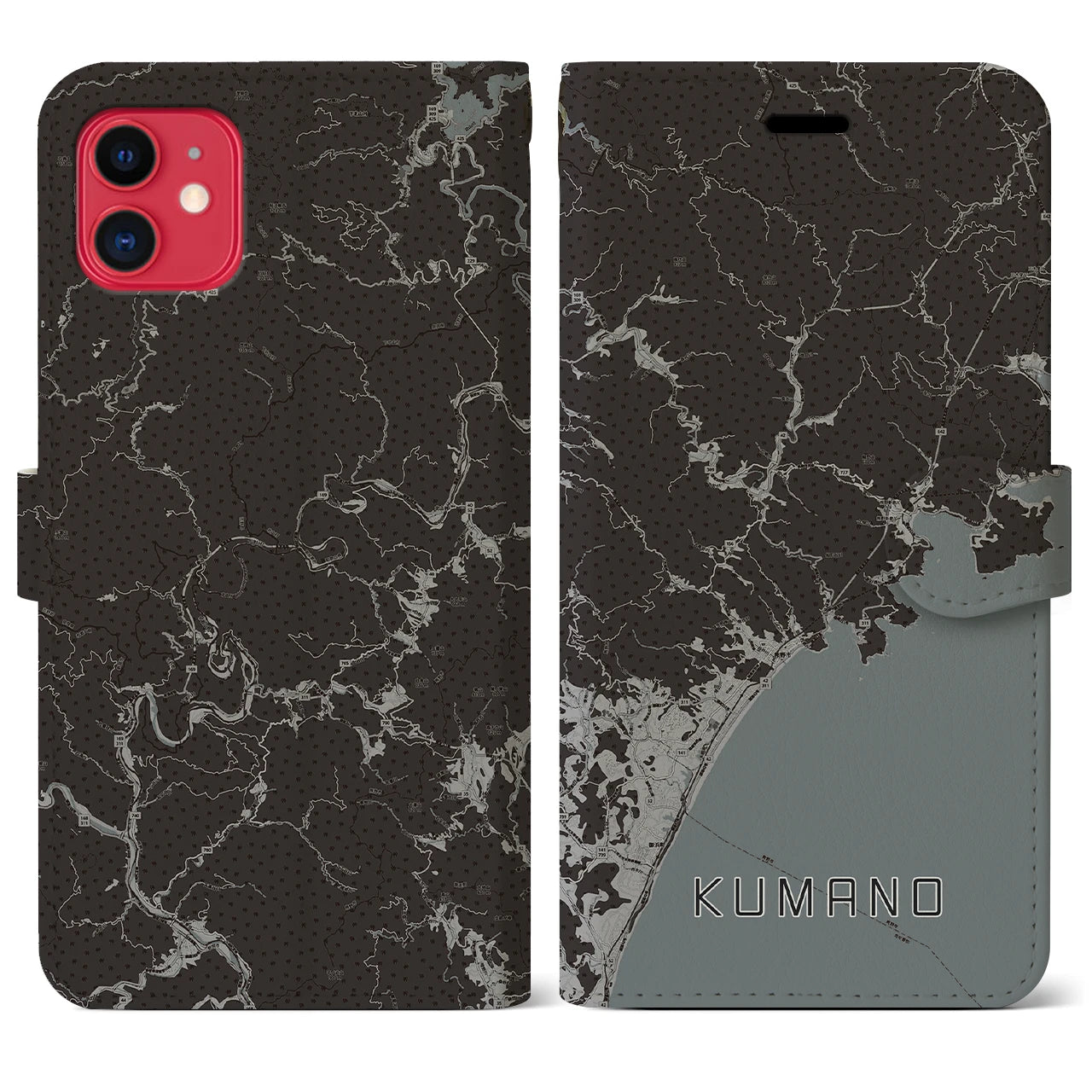 【熊野(三重県)】地図柄iPhoneケース(手帳タイプ)モノトーン・iPhone 11 用