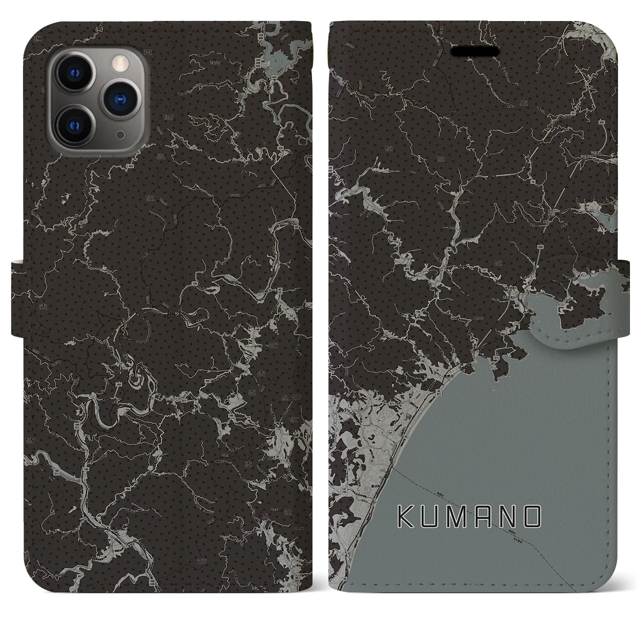 【熊野(三重県)】地図柄iPhoneケース(手帳タイプ)モノトーン・iPhone 11 Pro Max 用