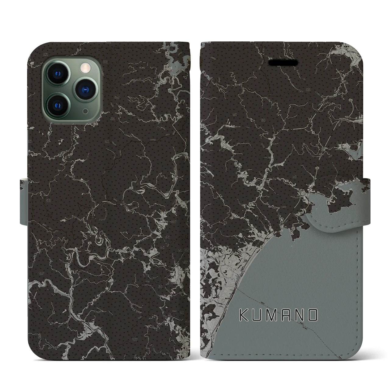 【熊野(三重県)】地図柄iPhoneケース(手帳タイプ)モノトーン・iPhone 11 Pro 用