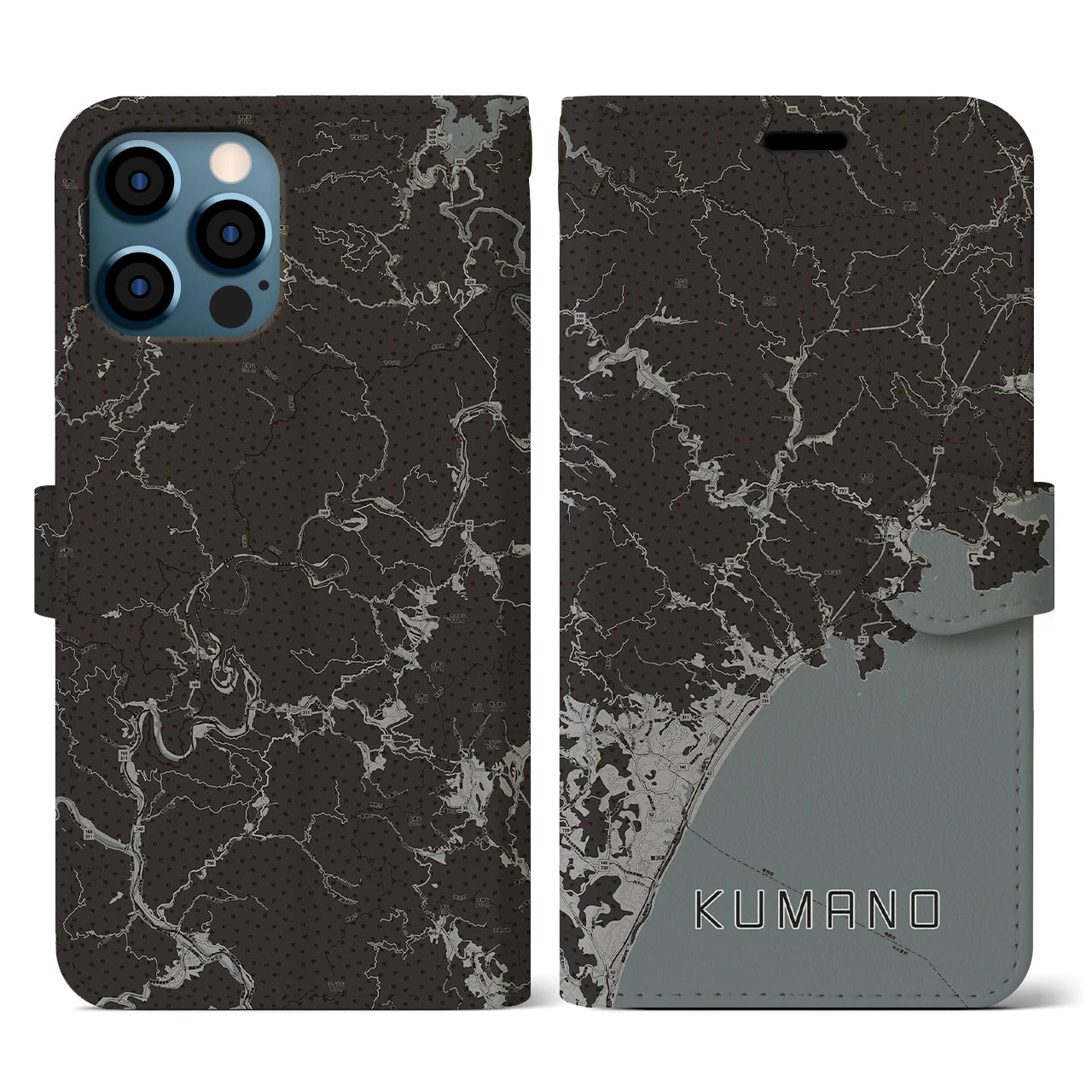 【熊野(三重県)】地図柄iPhoneケース(手帳タイプ)モノトーン・iPhone 12 / 12 Pro 用