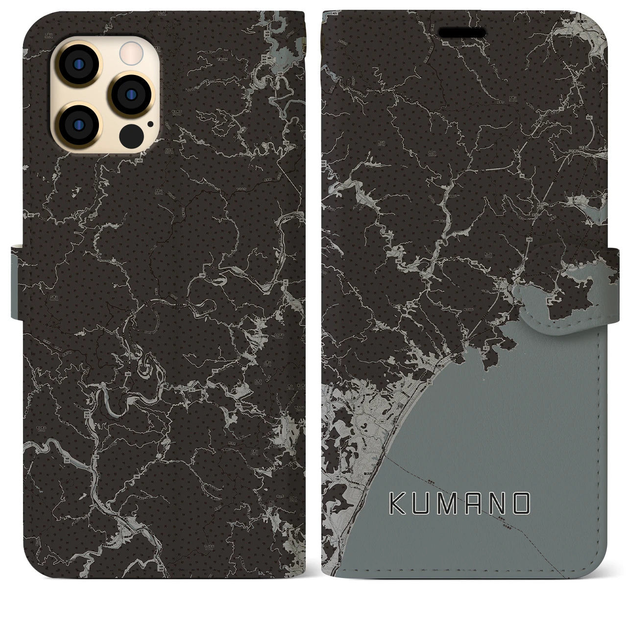 【熊野(三重県)】地図柄iPhoneケース(手帳タイプ)モノトーン・iPhone 12 Pro Max 用
