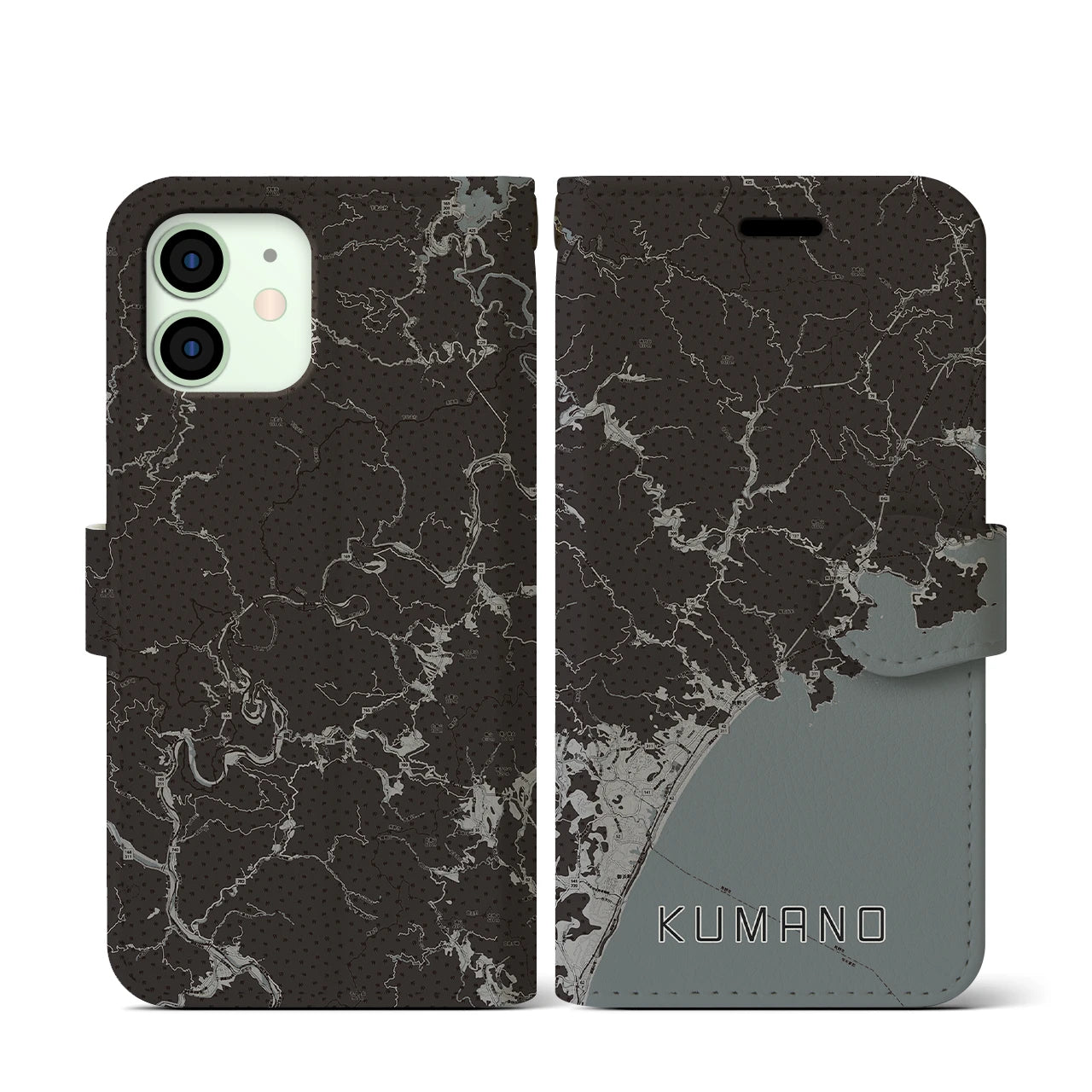 【熊野(三重県)】地図柄iPhoneケース(手帳タイプ)モノトーン・iPhone 12 mini 用