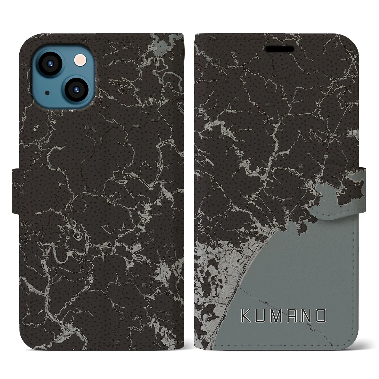 【熊野(三重県)】地図柄iPhoneケース(手帳タイプ)モノトーン・iPhone 13 用