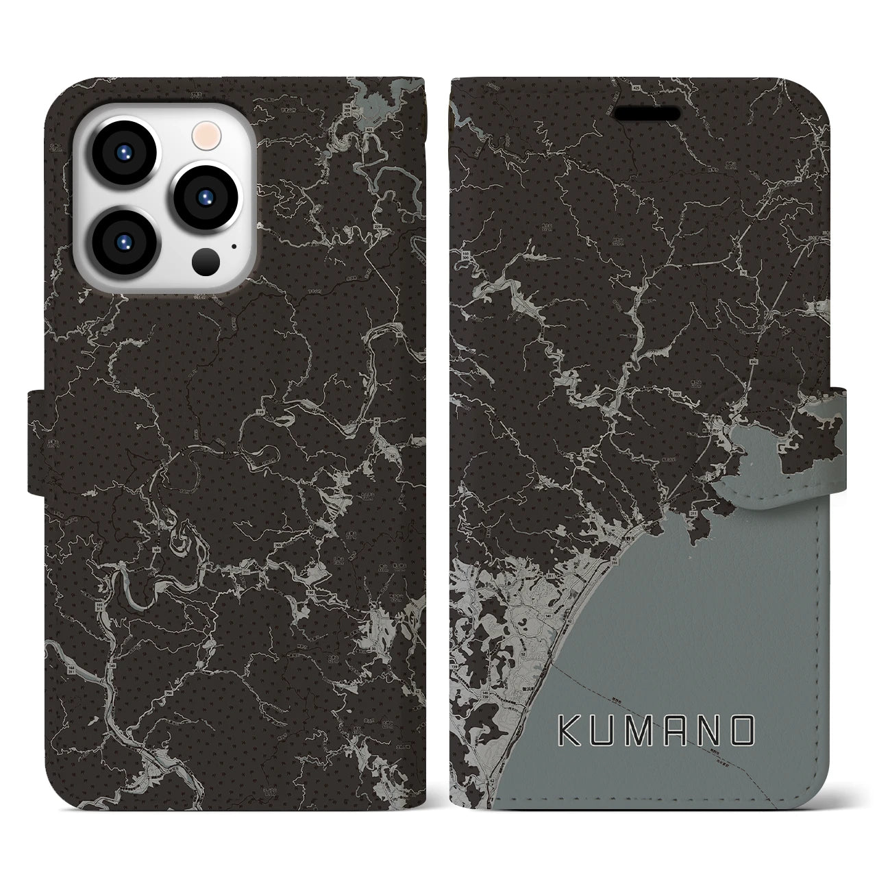 【熊野(三重県)】地図柄iPhoneケース(手帳タイプ)モノトーン・iPhone 13 Pro 用