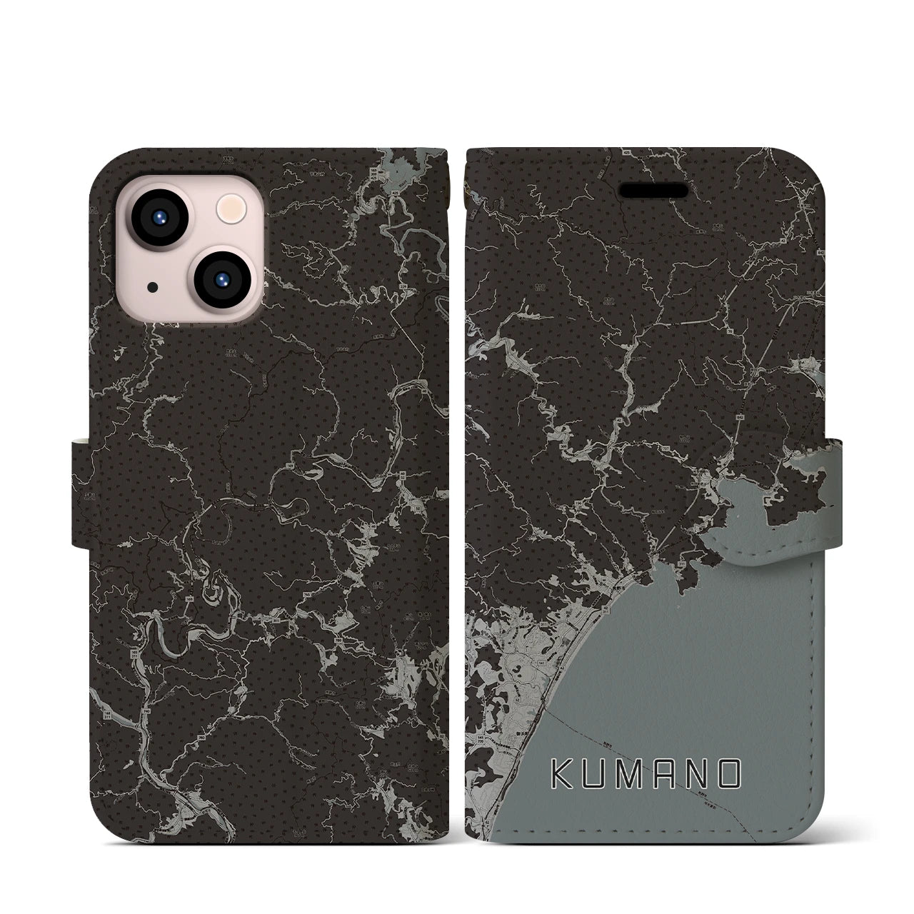 【熊野(三重県)】地図柄iPhoneケース(手帳タイプ)モノトーン・iPhone 13 mini 用