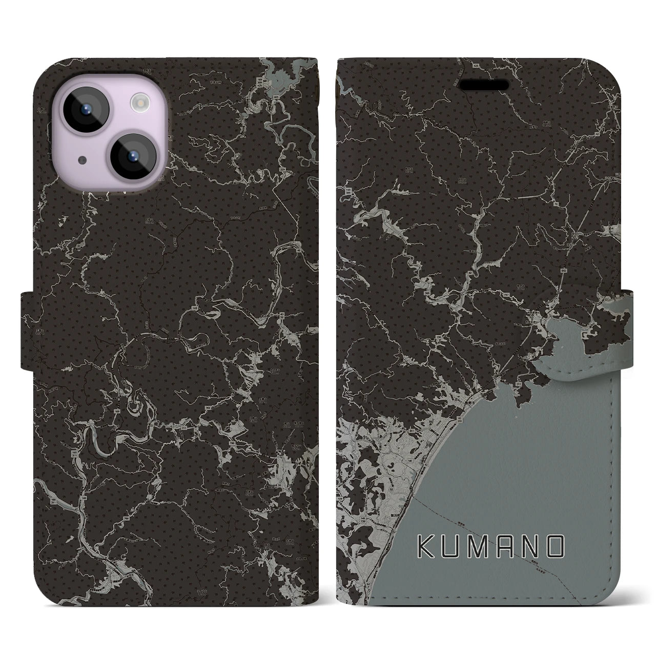 【熊野(三重県)】地図柄iPhoneケース(手帳タイプ)モノトーン・iPhone 14 用