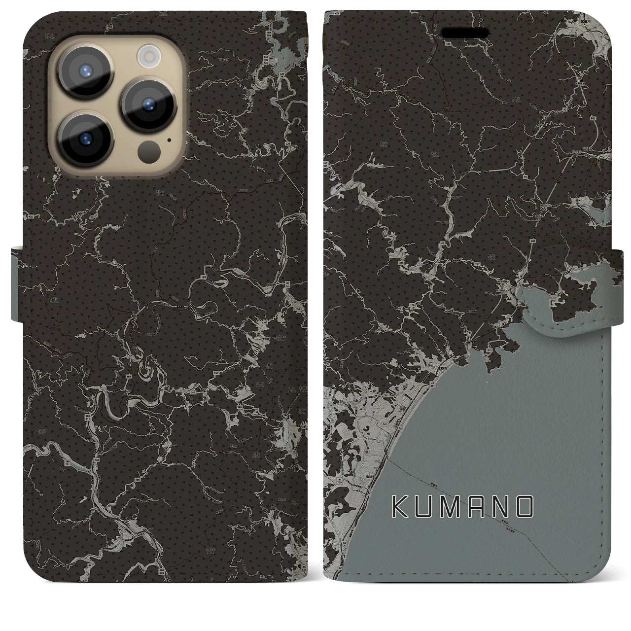 【熊野(三重県)】地図柄iPhoneケース(手帳タイプ)モノトーン・iPhone 14 Pro Max 用