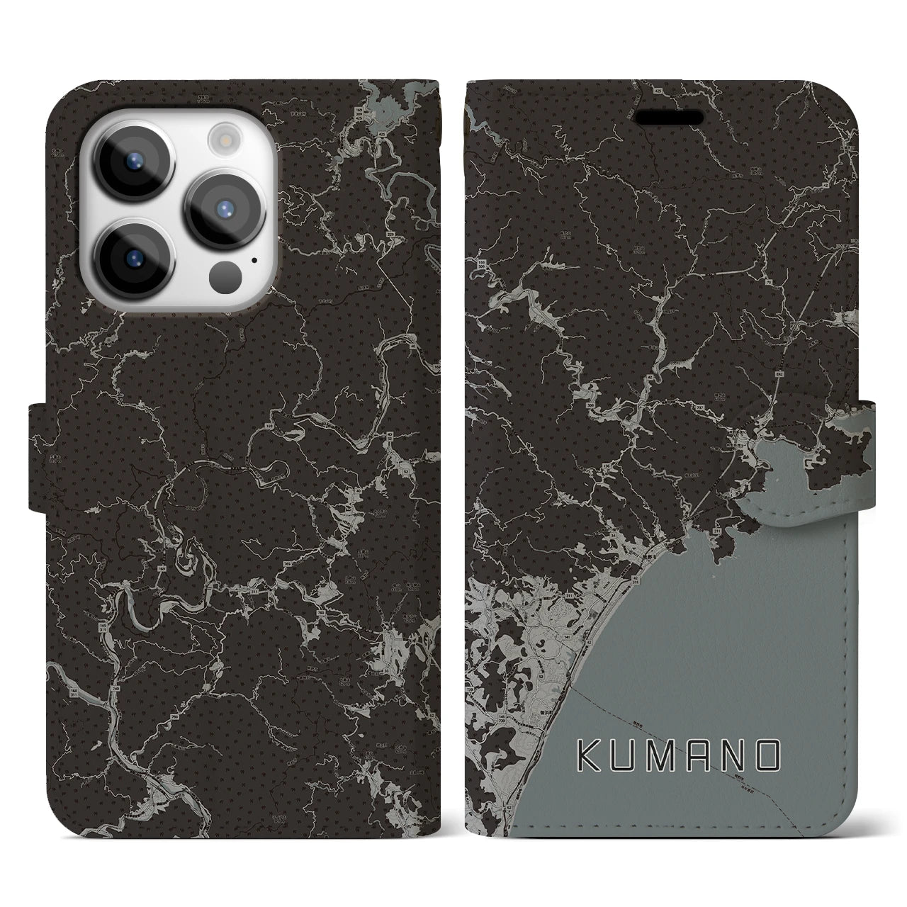 【熊野(三重県)】地図柄iPhoneケース(手帳タイプ)モノトーン・iPhone 14 Pro 用