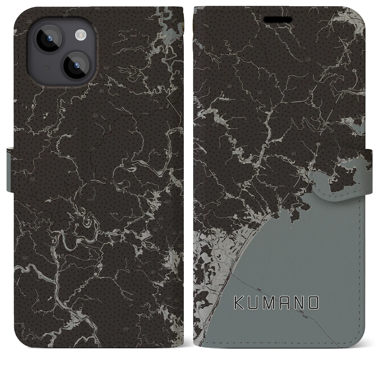 【熊野(三重県)】地図柄iPhoneケース(手帳タイプ)モノトーン・iPhone 14 Plus 用