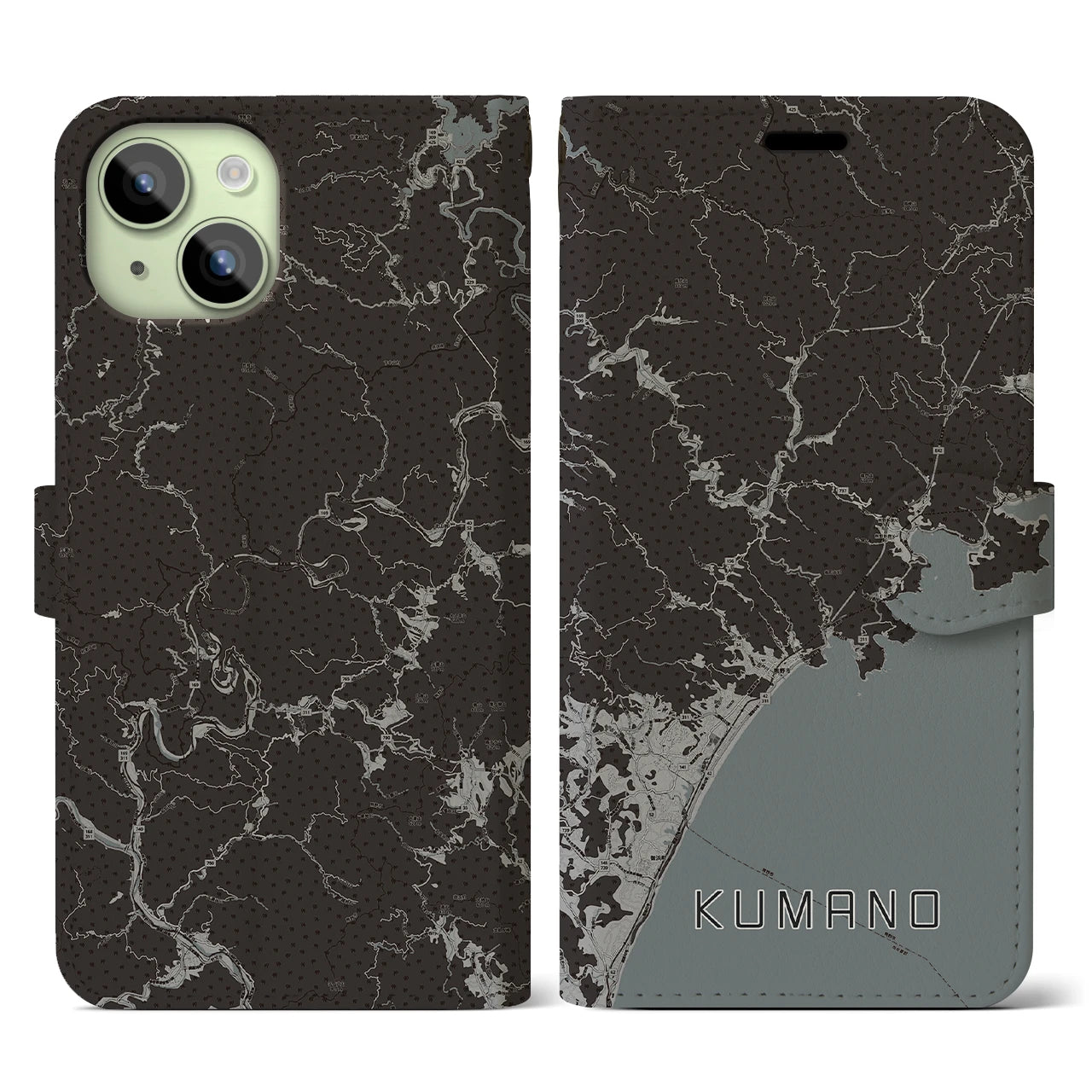 【熊野(三重県)】地図柄iPhoneケース(手帳タイプ)モノトーン・iPhone 15 用