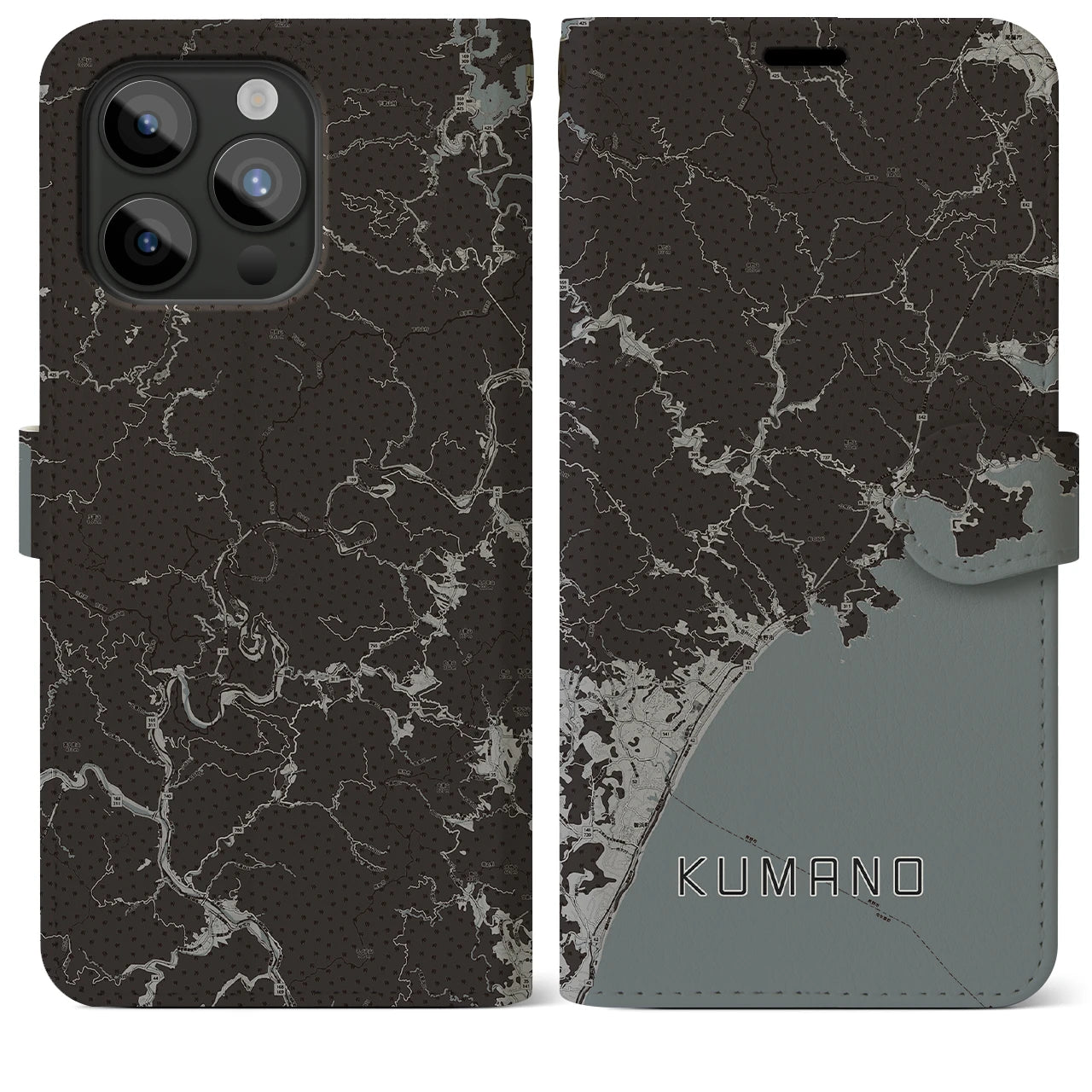 【熊野(三重県)】地図柄iPhoneケース(手帳タイプ)モノトーン・iPhone 15 Pro Max 用