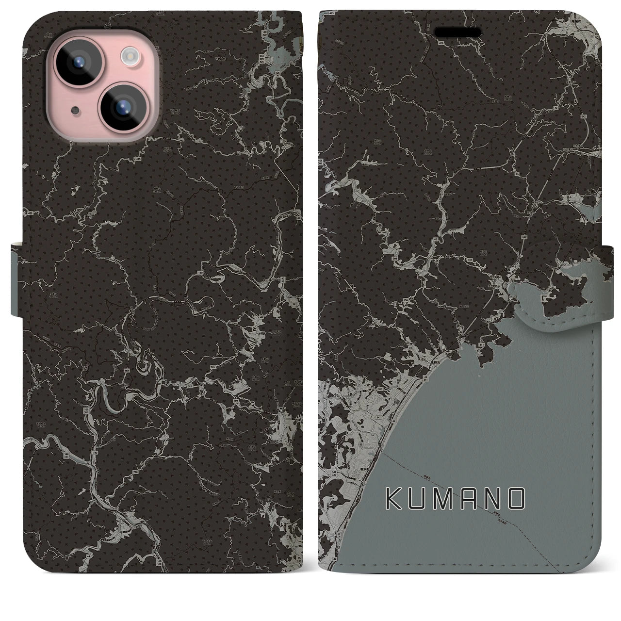【熊野(三重県)】地図柄iPhoneケース(手帳タイプ)モノトーン・iPhone 15 Plus 用
