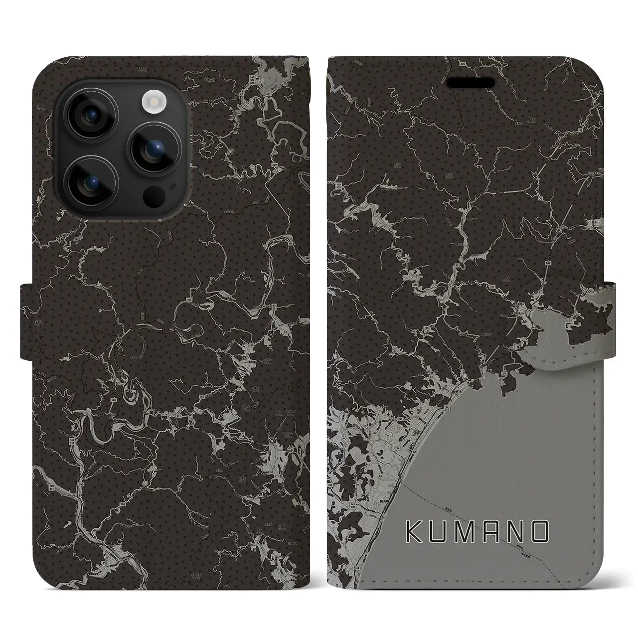 【熊野(三重県)】地図柄iPhoneケース(手帳タイプ)モノトーン・iPhone 16 用