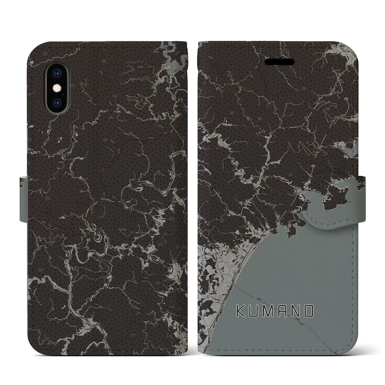 【熊野(三重県)】地図柄iPhoneケース(手帳タイプ)モノトーン・iPhone XS / X 用