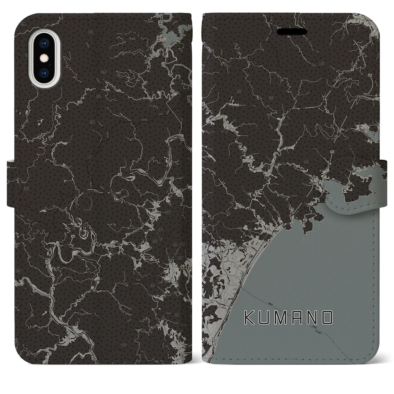 【熊野(三重県)】地図柄iPhoneケース(手帳タイプ)モノトーン・iPhone XS Max 用
