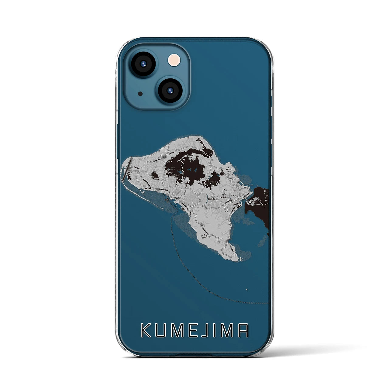 【久米島(沖縄県)】地図柄iPhoneケース(クリアタイプ)モノトーン・iPhone 13 用