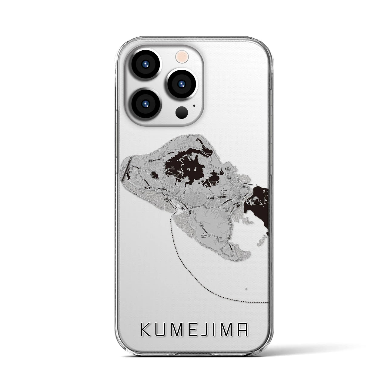 【久米島(沖縄県)】地図柄iPhoneケース(クリアタイプ)モノトーン・iPhone 13 Pro 用