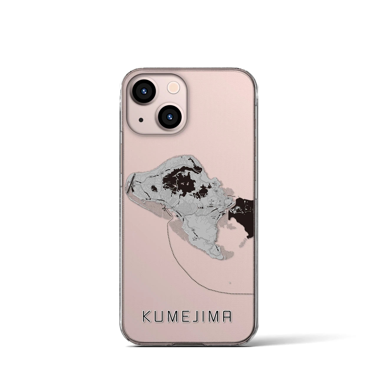 【久米島(沖縄県)】地図柄iPhoneケース(クリアタイプ)モノトーン・iPhone 13 mini 用