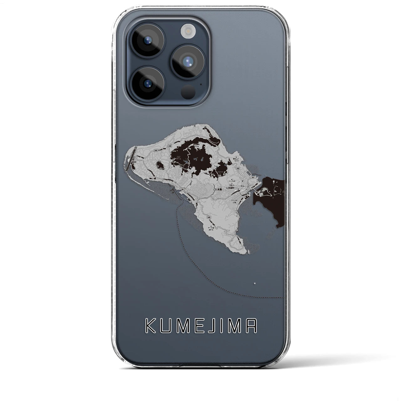 【久米島(沖縄県)】地図柄iPhoneケース(クリアタイプ)モノトーン・iPhone 15 Pro Max 用