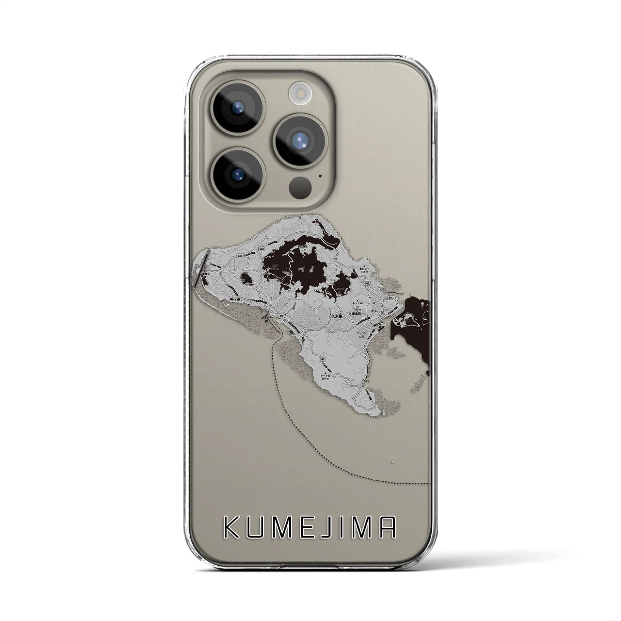 【久米島(沖縄県)】地図柄iPhoneケース(クリアタイプ)モノトーン・iPhone 15 Pro 用