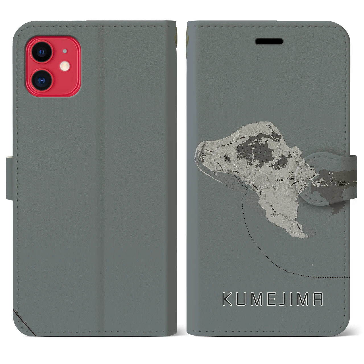 【久米島(沖縄県)】地図柄iPhoneケース(手帳タイプ)モノトーン・iPhone 11 用