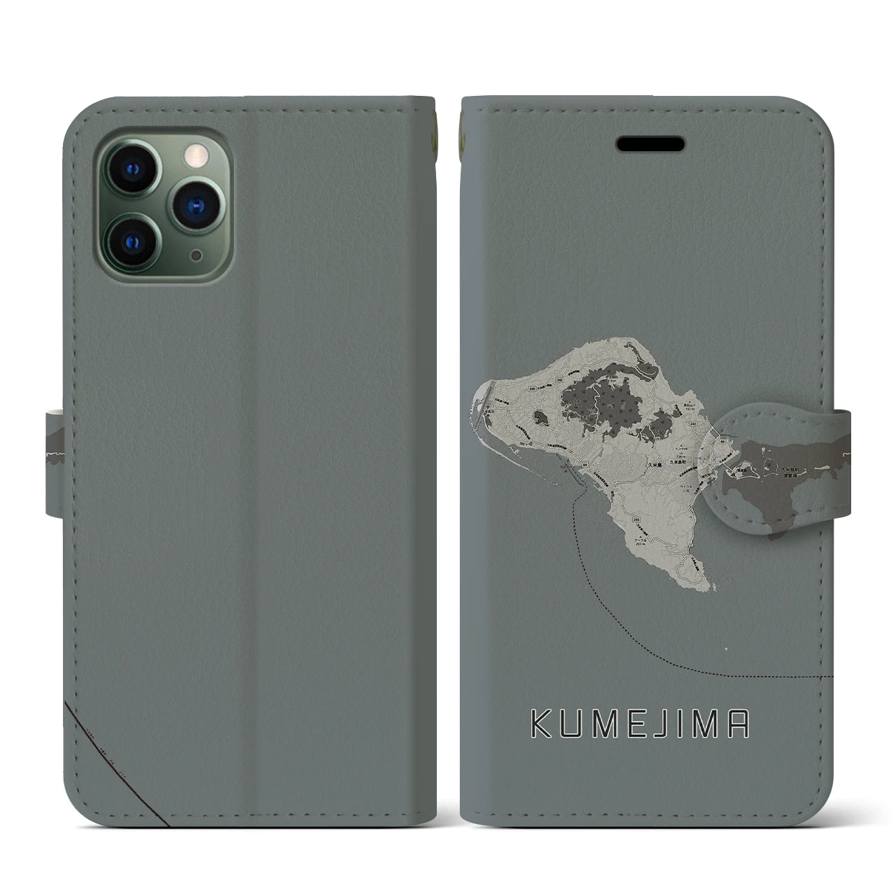 【久米島(沖縄県)】地図柄iPhoneケース(手帳タイプ)モノトーン・iPhone 11 Pro 用