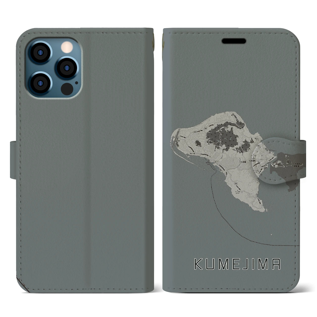 【久米島(沖縄県)】地図柄iPhoneケース(手帳タイプ)モノトーン・iPhone 12 / 12 Pro 用