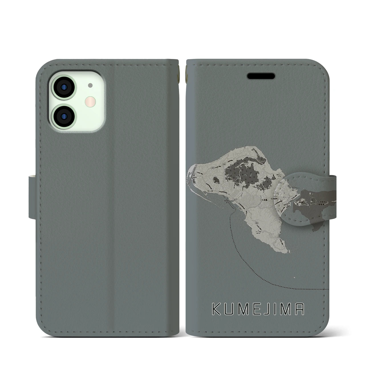 【久米島(沖縄県)】地図柄iPhoneケース(手帳タイプ)モノトーン・iPhone 12 mini 用