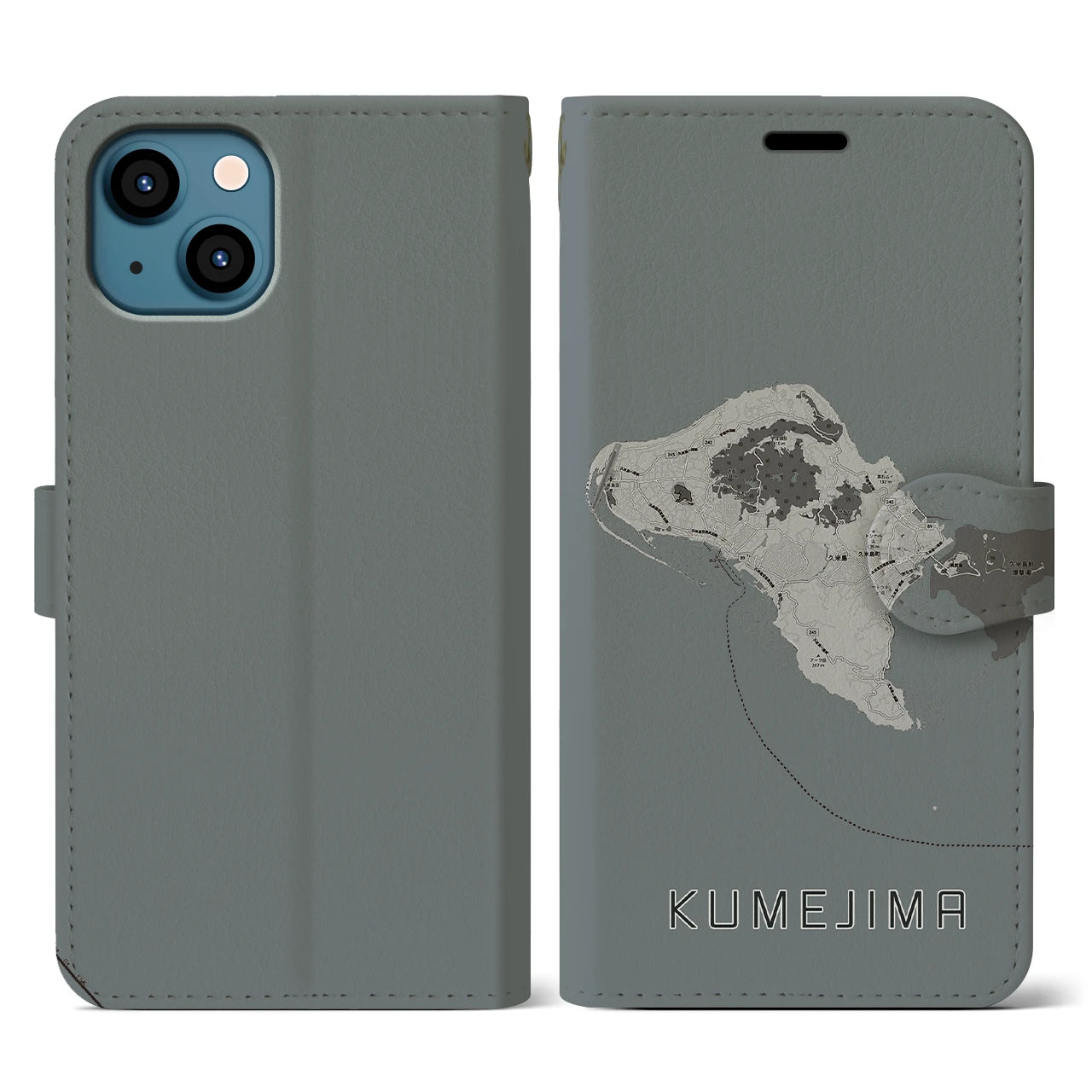 【久米島(沖縄県)】地図柄iPhoneケース(手帳タイプ)モノトーン・iPhone 13 用