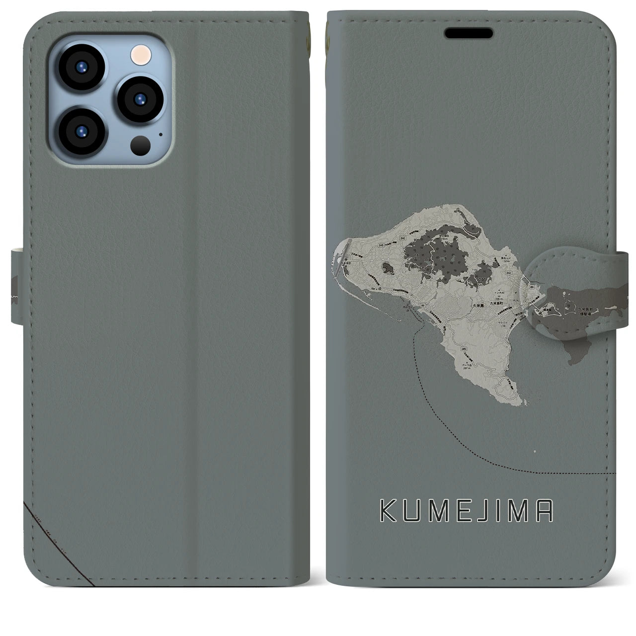 【久米島(沖縄県)】地図柄iPhoneケース(手帳タイプ)モノトーン・iPhone 13 Pro Max 用