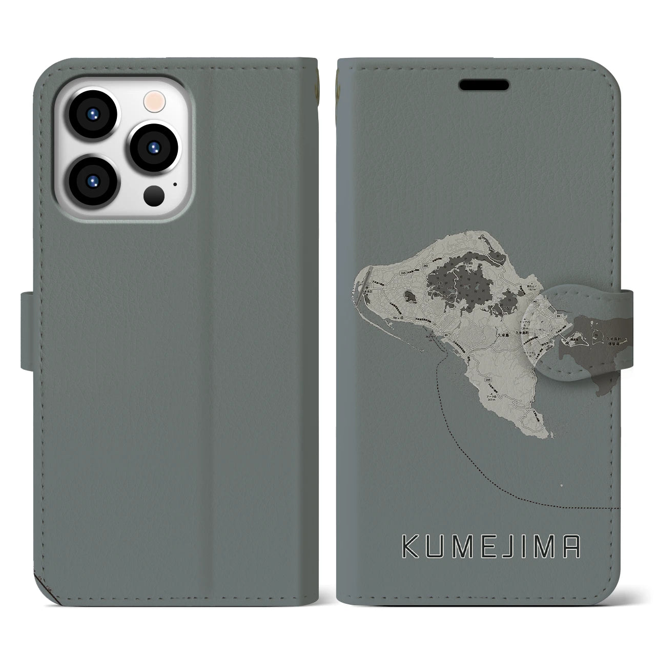 【久米島(沖縄県)】地図柄iPhoneケース(手帳タイプ)モノトーン・iPhone 13 Pro 用