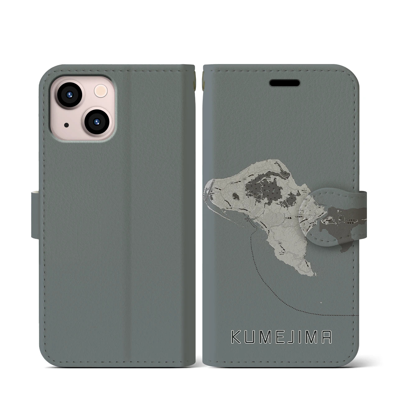 【久米島(沖縄県)】地図柄iPhoneケース(手帳タイプ)モノトーン・iPhone 13 mini 用
