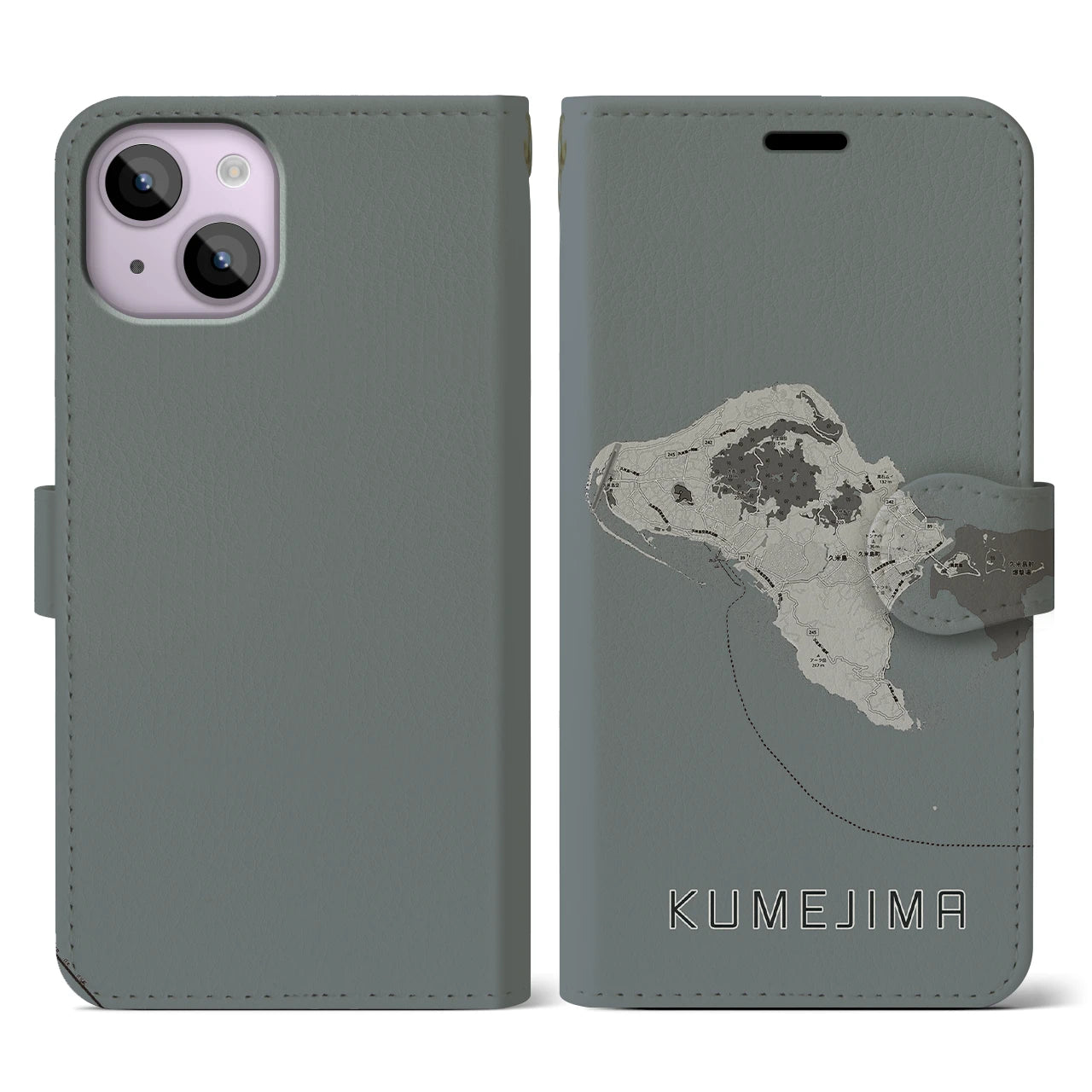 【久米島(沖縄県)】地図柄iPhoneケース(手帳タイプ)モノトーン・iPhone 14 用