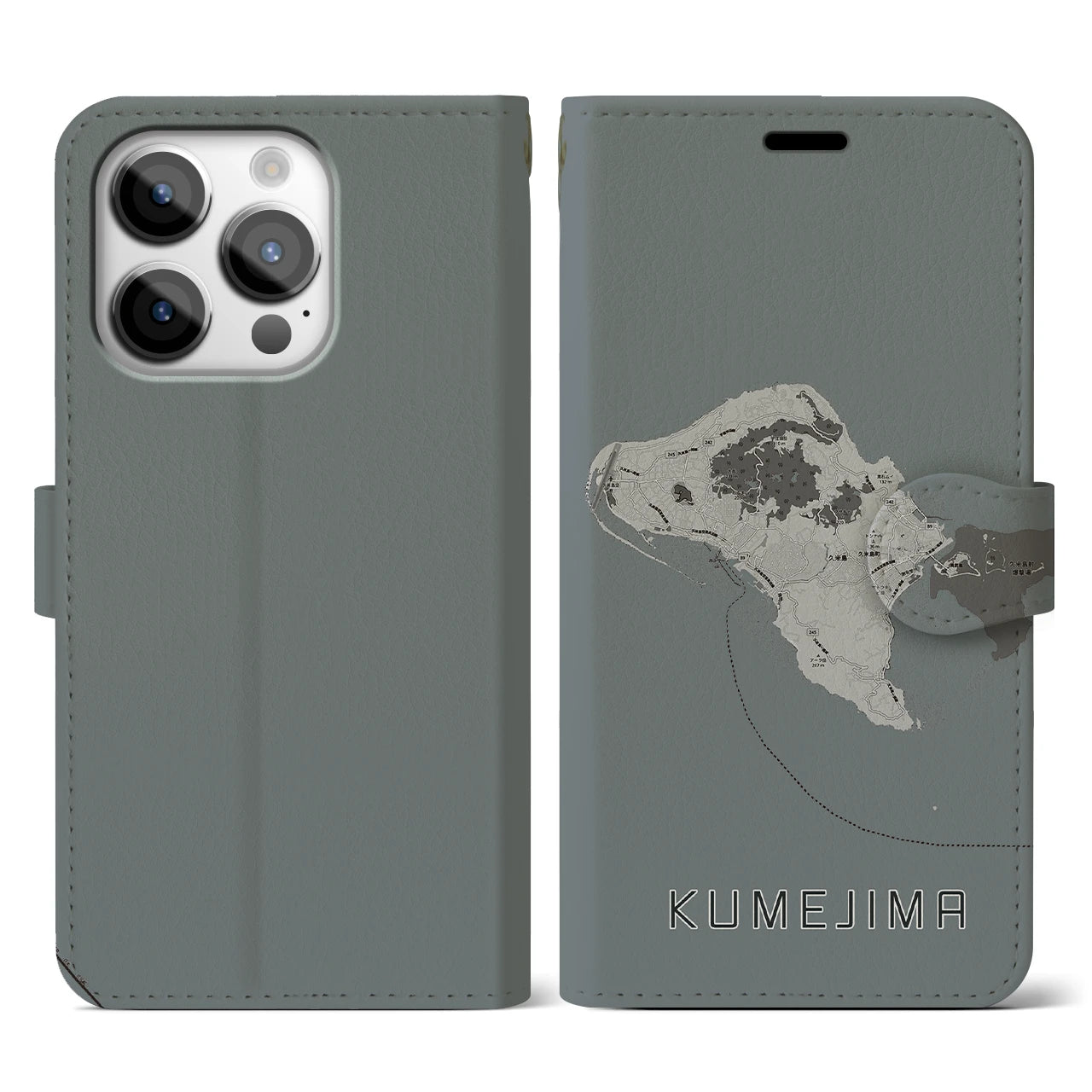 【久米島(沖縄県)】地図柄iPhoneケース(手帳タイプ)モノトーン・iPhone 14 Pro 用