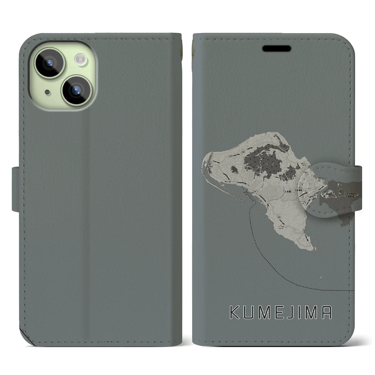 【久米島(沖縄県)】地図柄iPhoneケース(手帳タイプ)モノトーン・iPhone 15 用