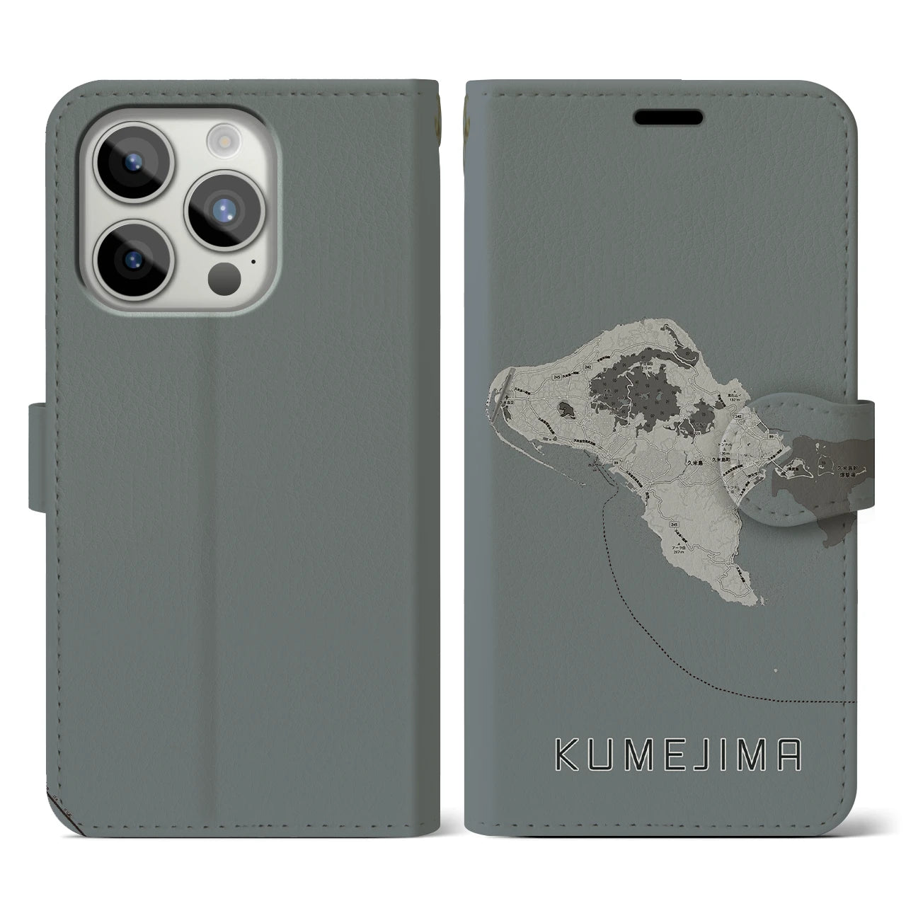 【久米島(沖縄県)】地図柄iPhoneケース(手帳タイプ)モノトーン・iPhone 15 Pro 用