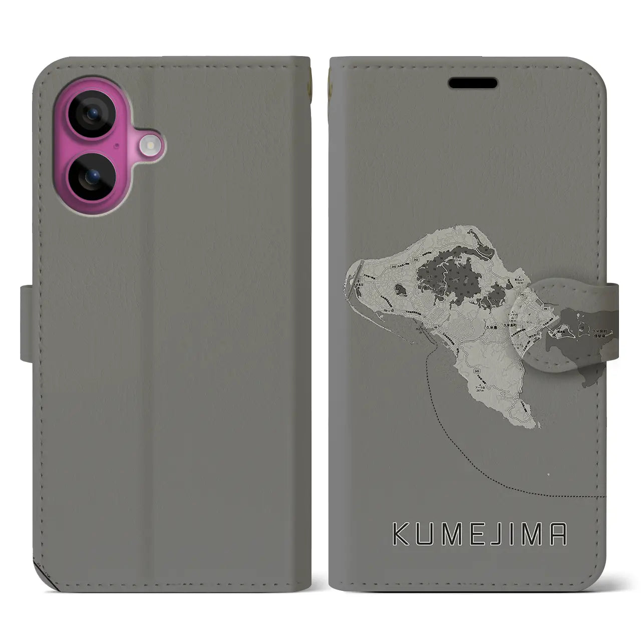 【久米島(沖縄県)】地図柄iPhoneケース(手帳タイプ)モノトーン・iPhone 16 Pro 用
