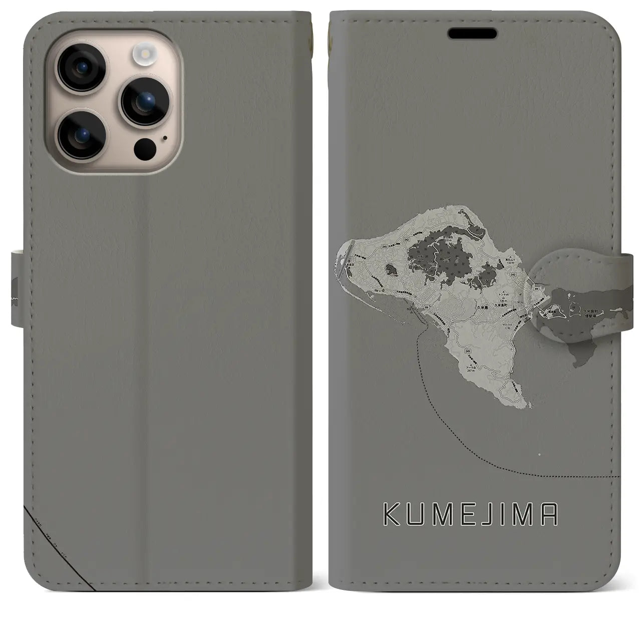 【久米島(沖縄県)】地図柄iPhoneケース(手帳タイプ)モノトーン・iPhone 16 Plus 用