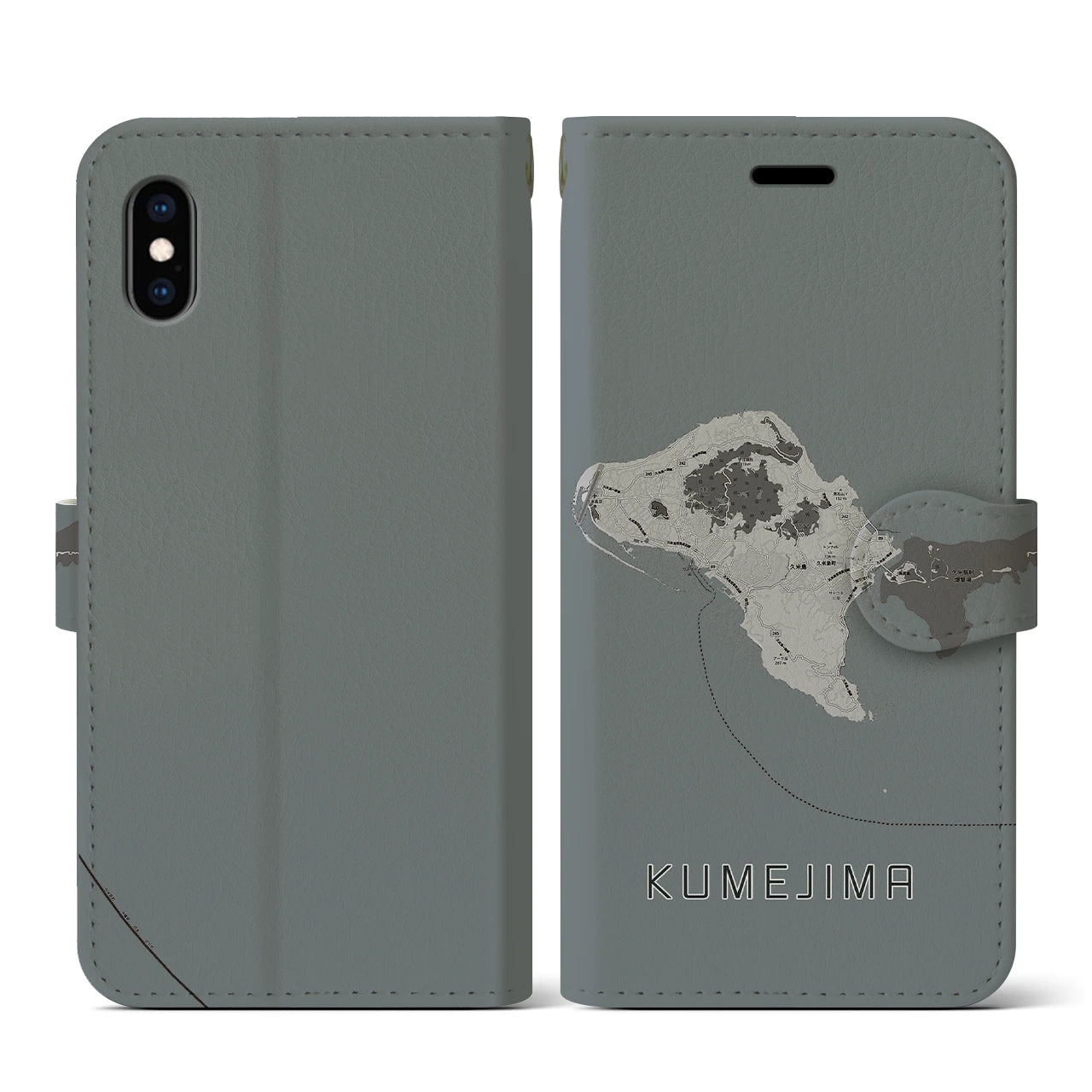 【久米島(沖縄県)】地図柄iPhoneケース(手帳タイプ)モノトーン・iPhone XS / X 用
