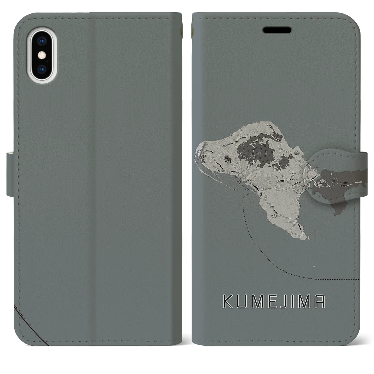 【久米島(沖縄県)】地図柄iPhoneケース(手帳タイプ)モノトーン・iPhone XS Max 用