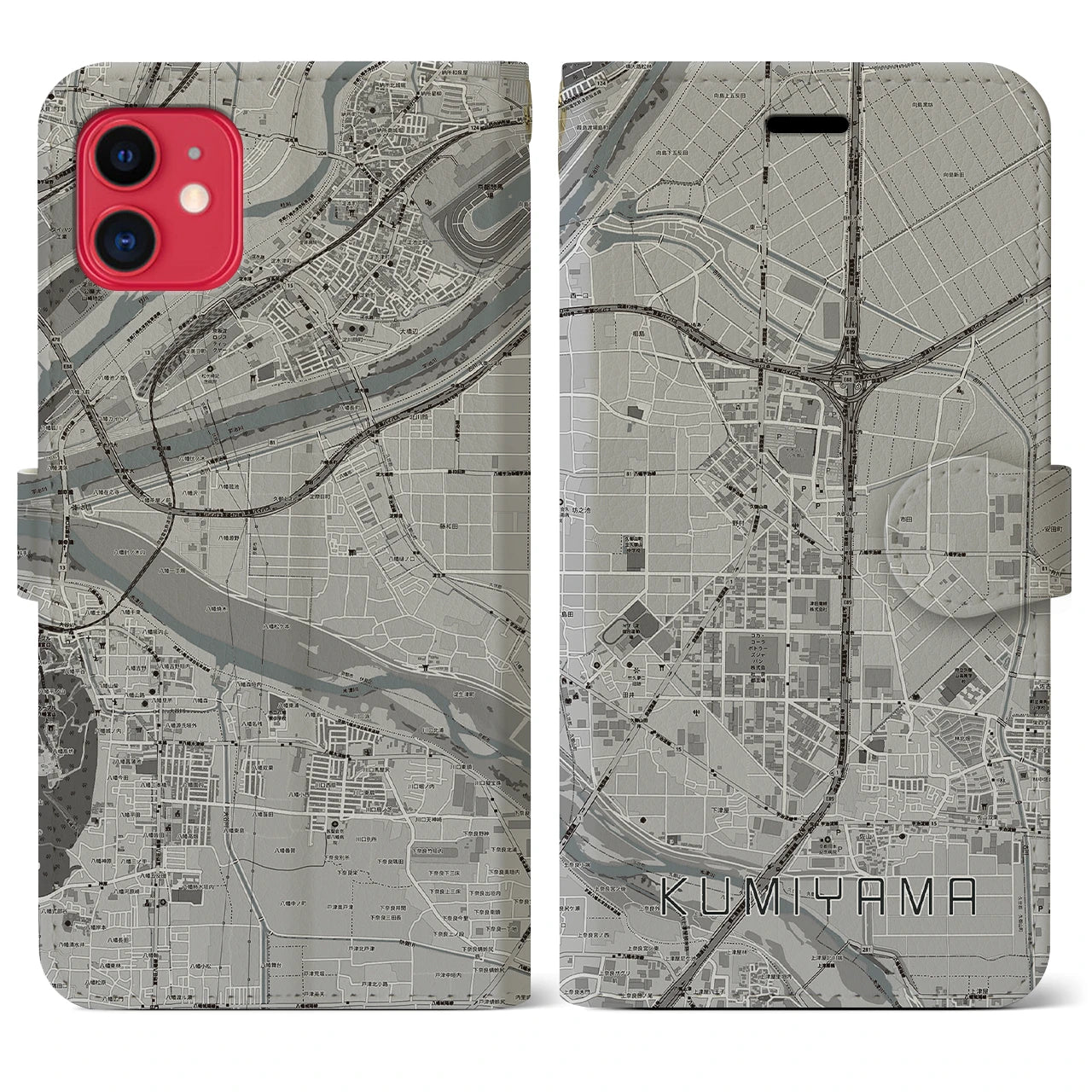 【久御山(京都府)】地図柄iPhoneケース(手帳タイプ)モノトーン・iPhone 11 用