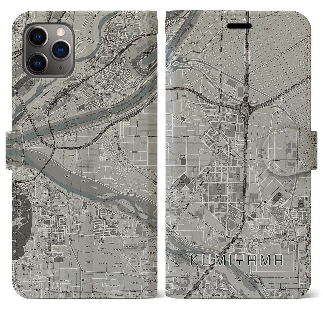 【久御山(京都府)】地図柄iPhoneケース(手帳タイプ)モノトーン・iPhone 11 Pro Max 用