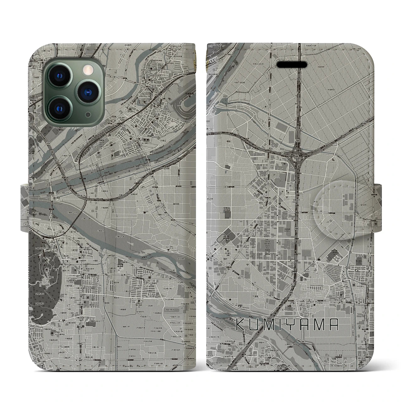 【久御山(京都府)】地図柄iPhoneケース(手帳タイプ)モノトーン・iPhone 11 Pro 用