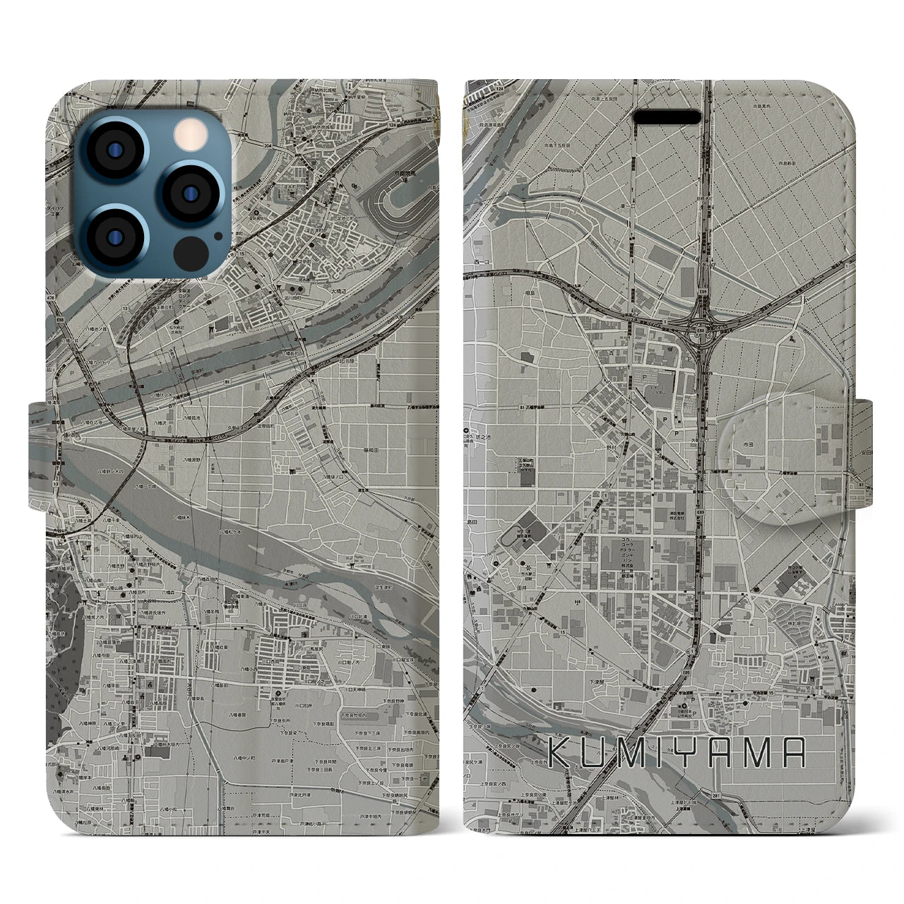【久御山(京都府)】地図柄iPhoneケース(手帳タイプ)モノトーン・iPhone 12 / 12 Pro 用