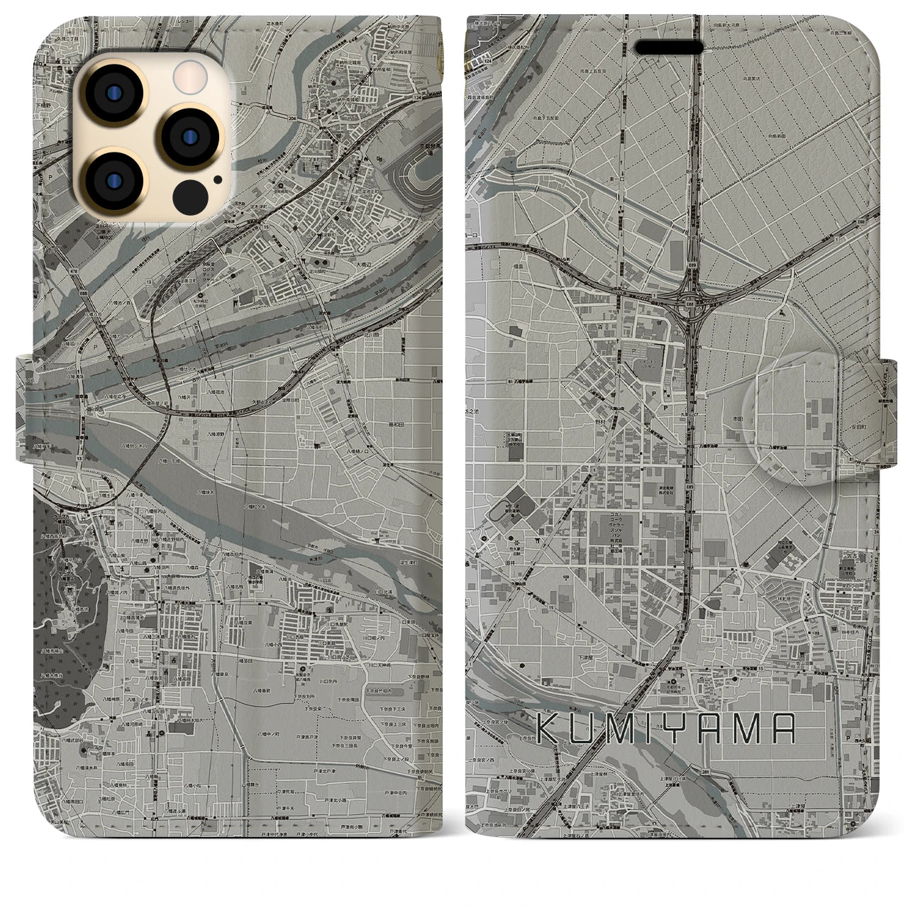 【久御山(京都府)】地図柄iPhoneケース(手帳タイプ)モノトーン・iPhone 12 Pro Max 用