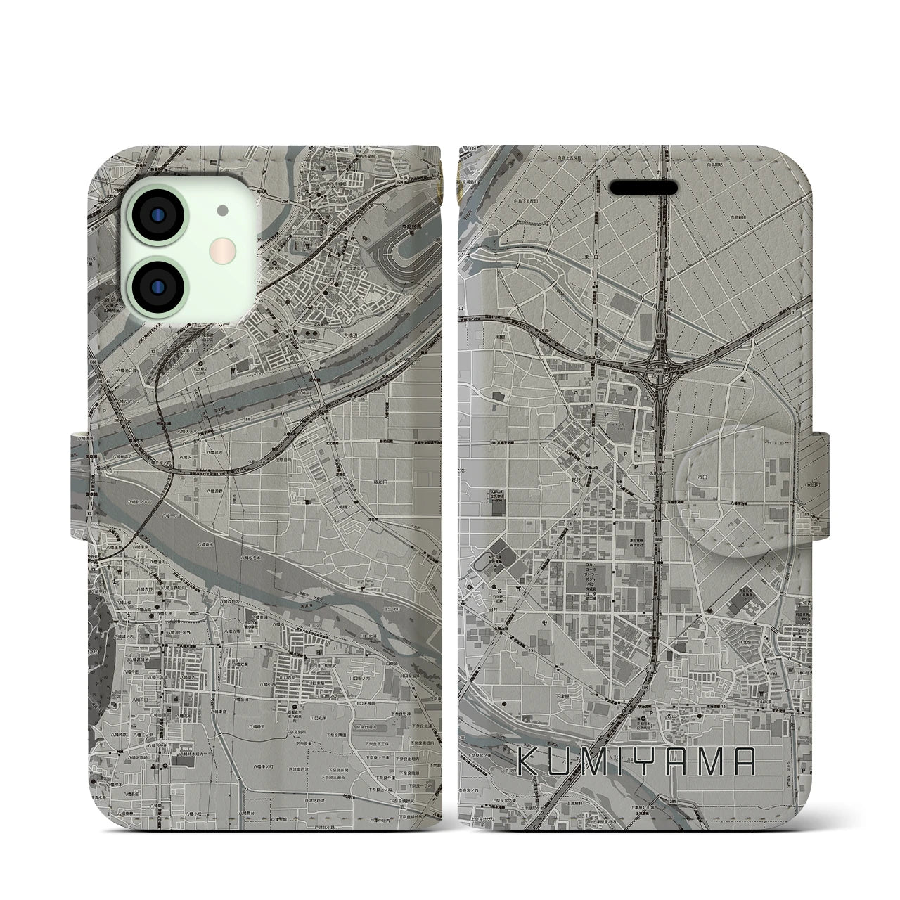 【久御山(京都府)】地図柄iPhoneケース(手帳タイプ)モノトーン・iPhone 12 mini 用