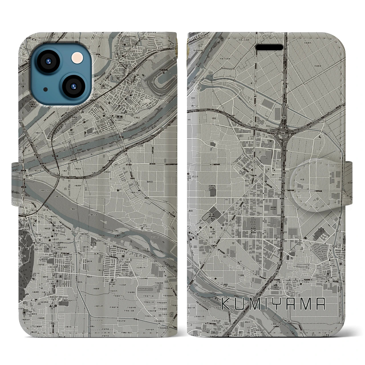 【久御山(京都府)】地図柄iPhoneケース(手帳タイプ)モノトーン・iPhone 13 用