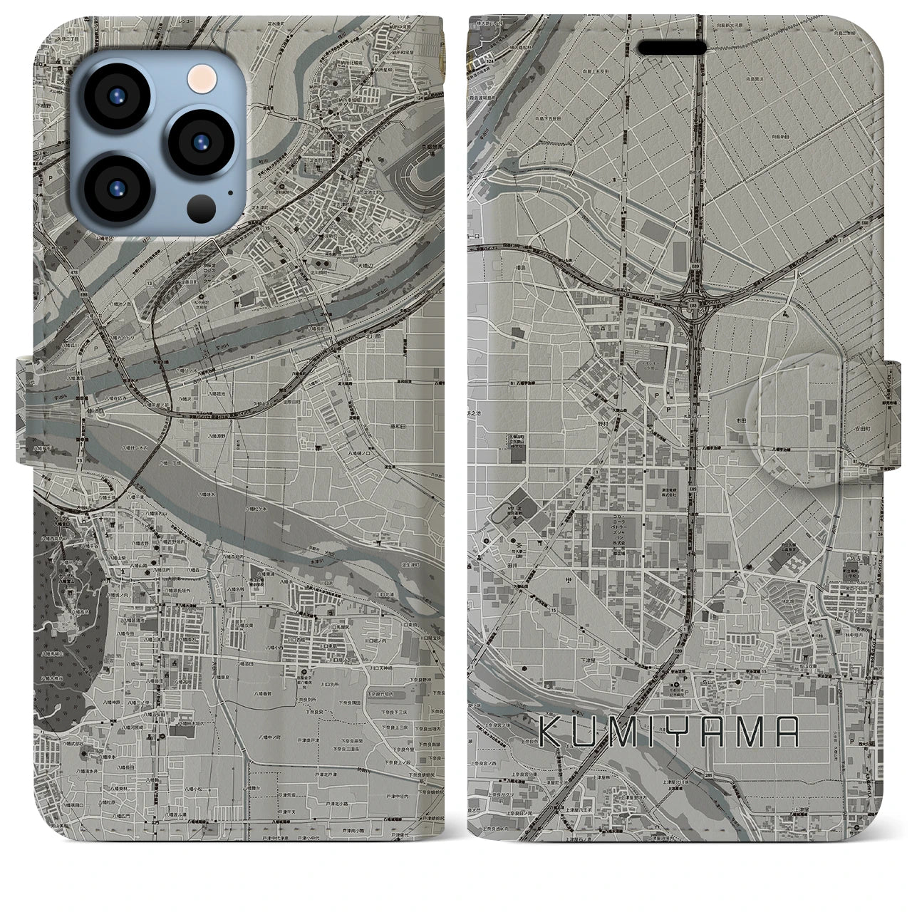 【久御山(京都府)】地図柄iPhoneケース(手帳タイプ)モノトーン・iPhone 13 Pro Max 用
